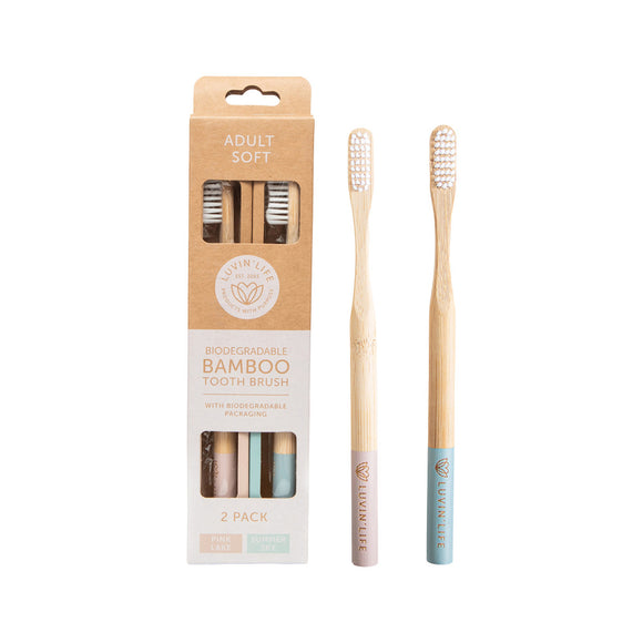 Luvin Life Adult Soft Bamboo Toothbrush - (2 pack Pink Lake & Summer Sky)