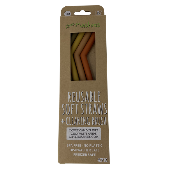 Little Mashie Soft Silicone Straws Earth Tones (4 pack), w/cleaning brush