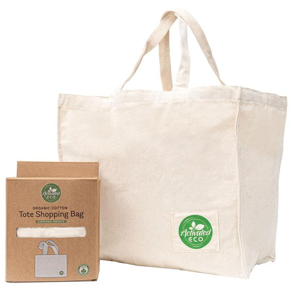 Organic Cotton Tote Shopping Bag with pockets